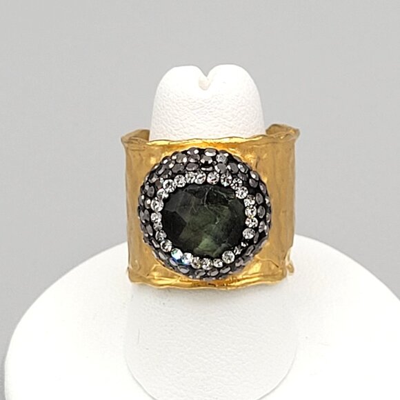 Hammered Gold Tone Ring Tourmaline Stone With Crystals Studded Open Band Size 8 - Picture 1 of 6